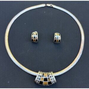 Vintage Sterling Silver Tiger Eye Onyx Mosaic Inlay Necklace Earrings Set 43g